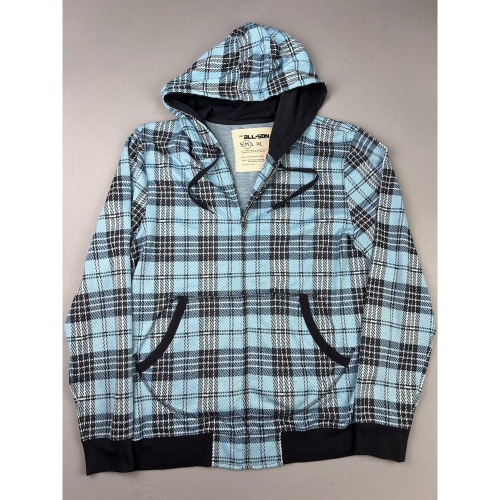 All-Son Men's M Blue‎ Plaid Hoodie Full Zip Sweatshirt